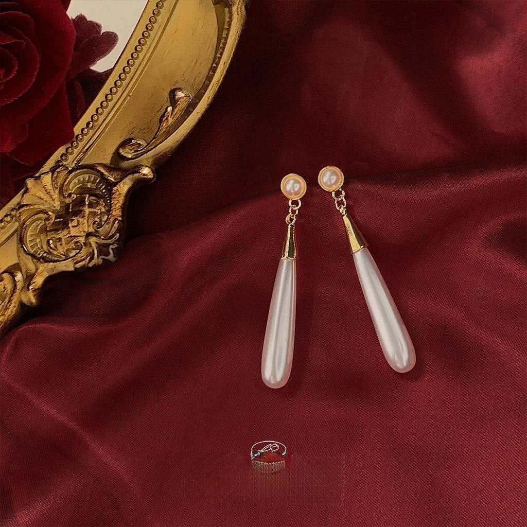 French Court Style Teardrop Pearl Tassel Stud Earrings Vintage Alloy Long Dangle Jewelry