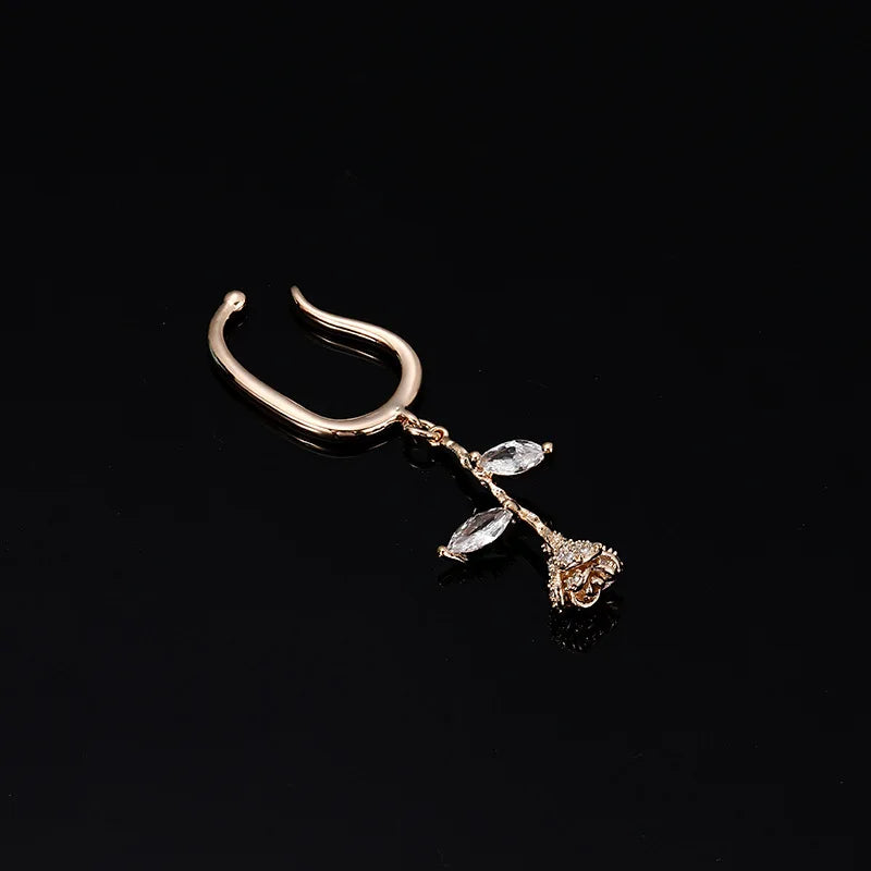Vintage Rose Flower Zircon Ear Cuff Drop, Elegant Stud & Clip On No Piercing Ear Climber Earrings