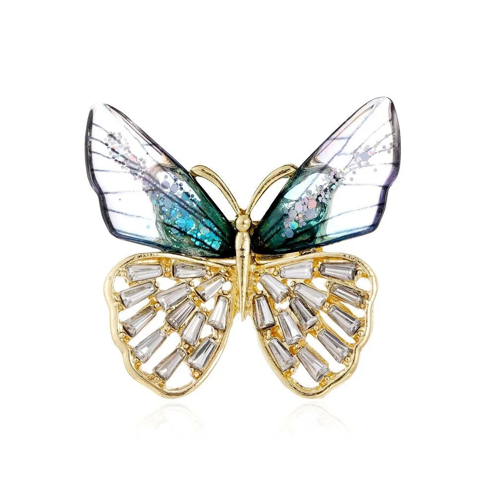 Elegant Butterfly Brooch With Rhinestone And Acrylic Wings, Gold Tone Alloy Lapel Pin Corsage Gift