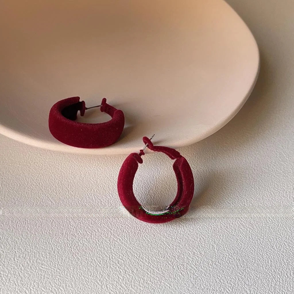 Burgundy Flocked U-Shaped Hoop Drop Earrings, Premium Geometric Jewelry