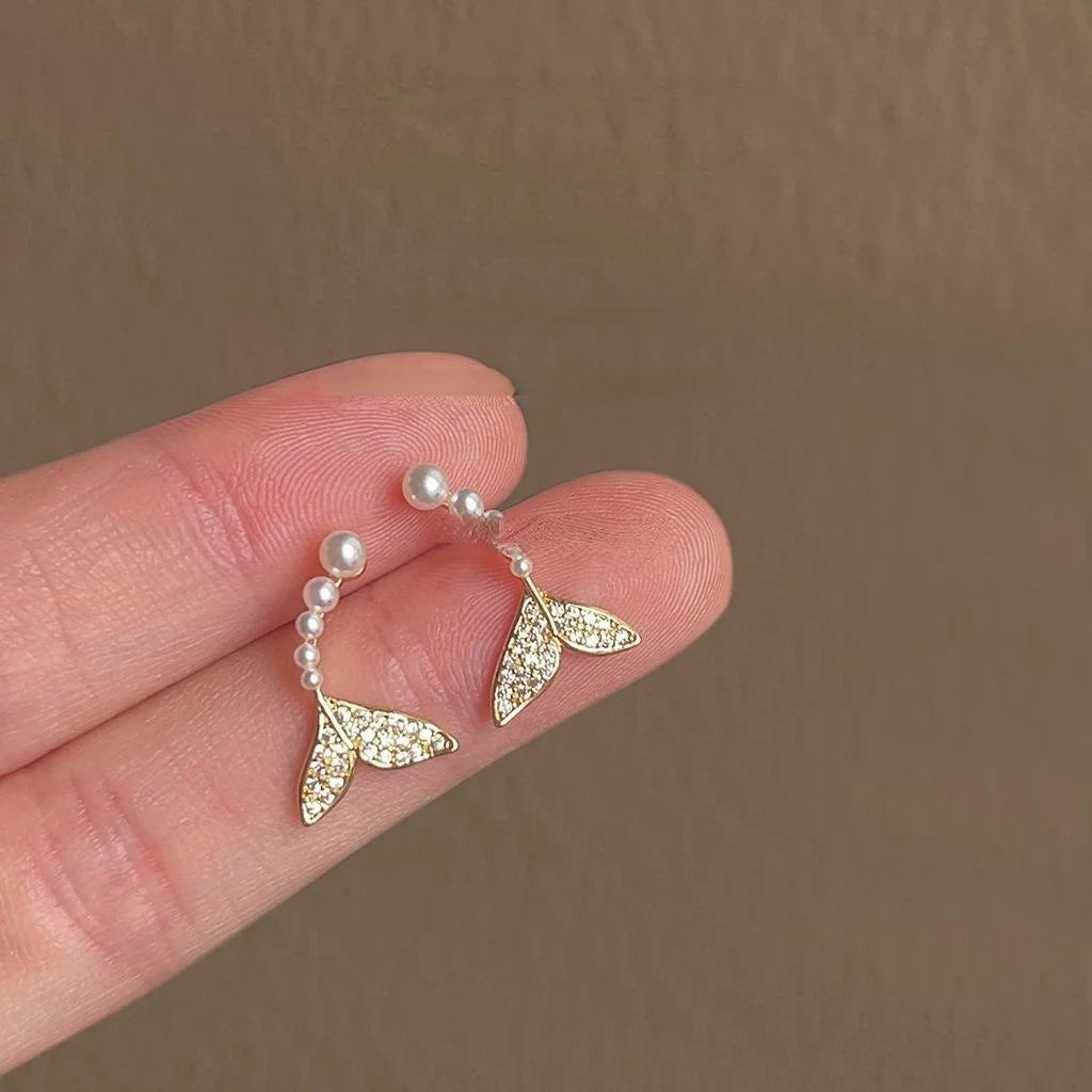 14K Gold Plated Copper Fishtail Micro Pave Zircon Stud Earrings Light Luxury Style