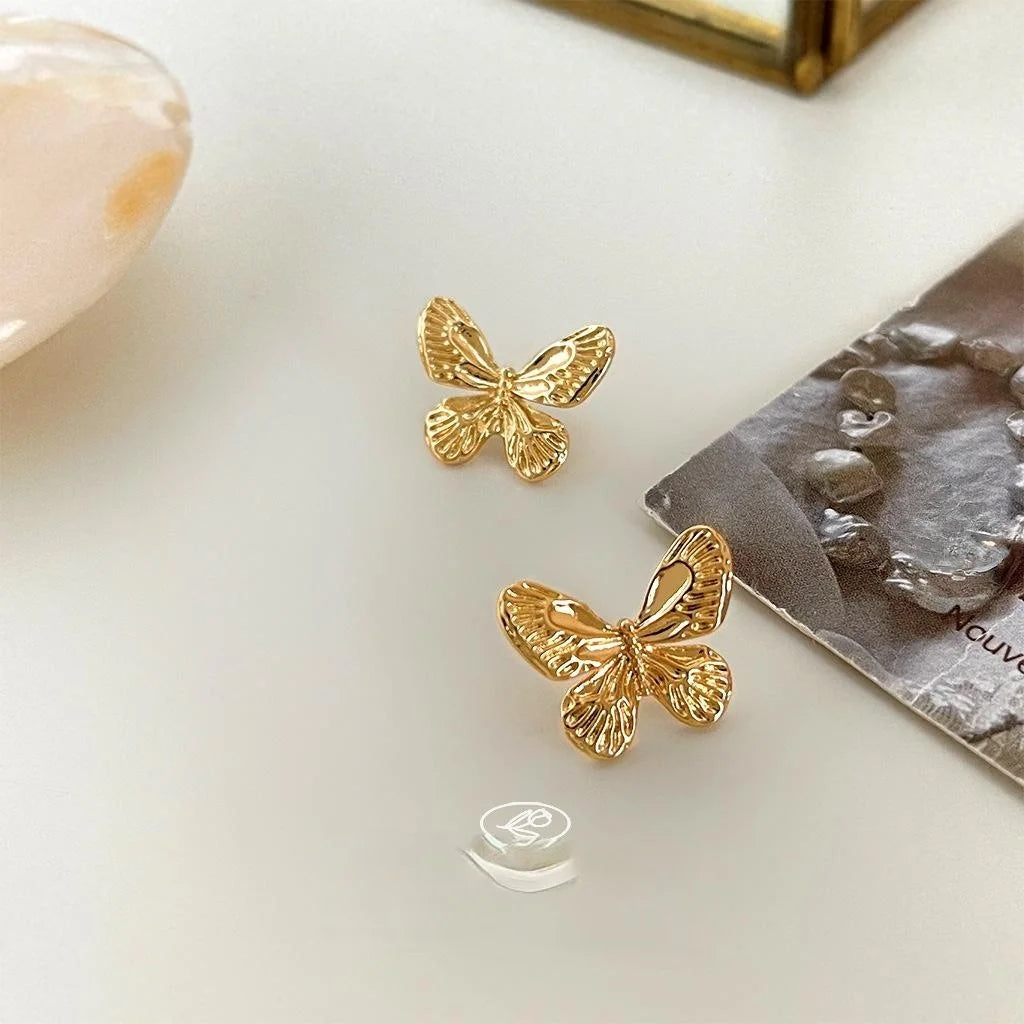 Textured Copper Butterfly Stud Earrings French Vintage New Chinese Elegant Jewelry