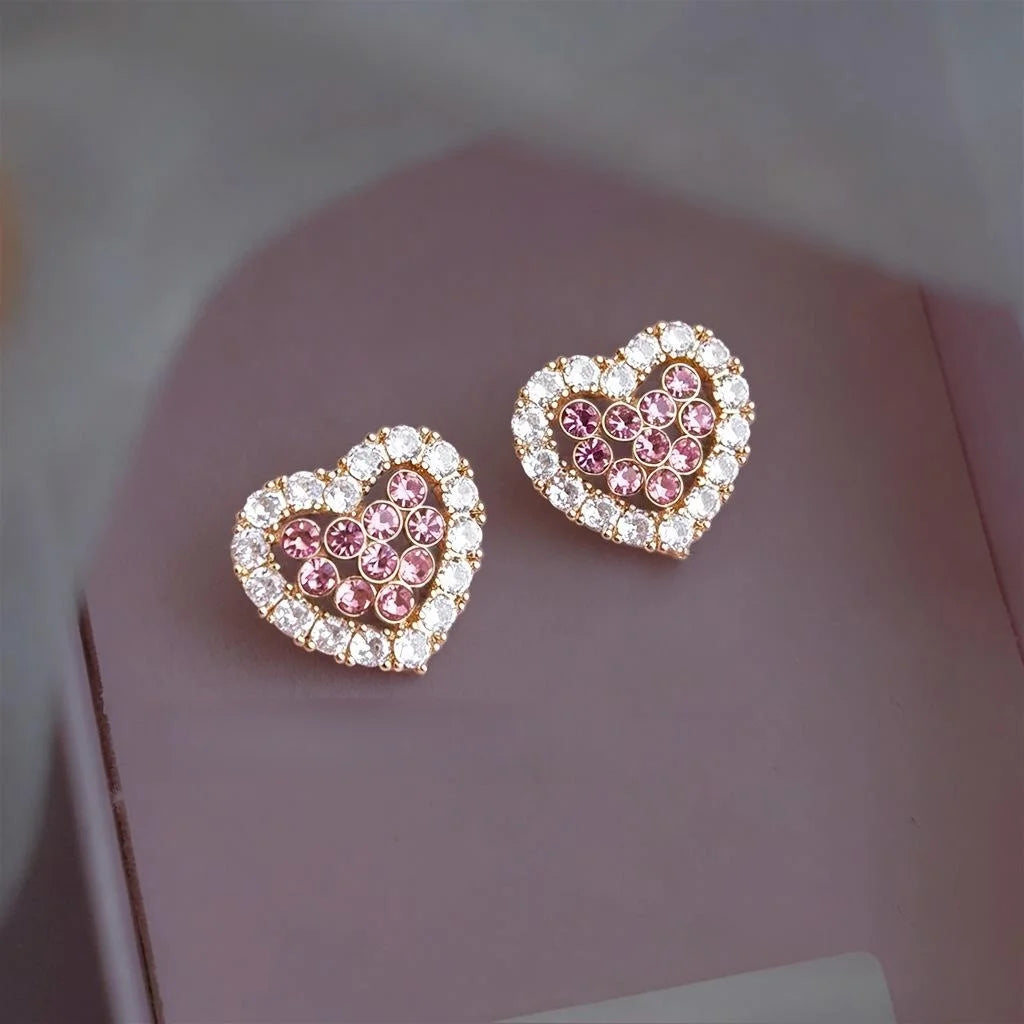 Elegant Pink Heart Zircon Copper 14K Plated Micro Pave Stud Earrings