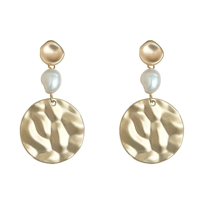 Vintage Baroque Freshwater Pearl Geometric Copper Drop Earrings With Matte Round Design