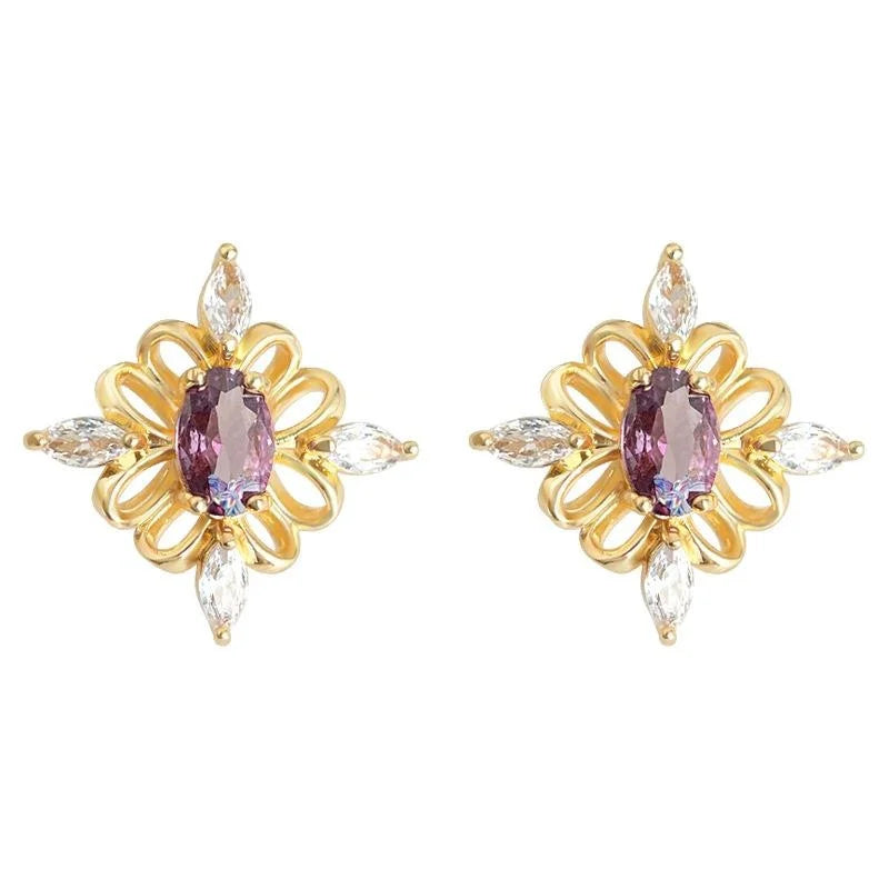 Original Light Luxury 14K Plated Copper Zircon Flower Stud Earrings