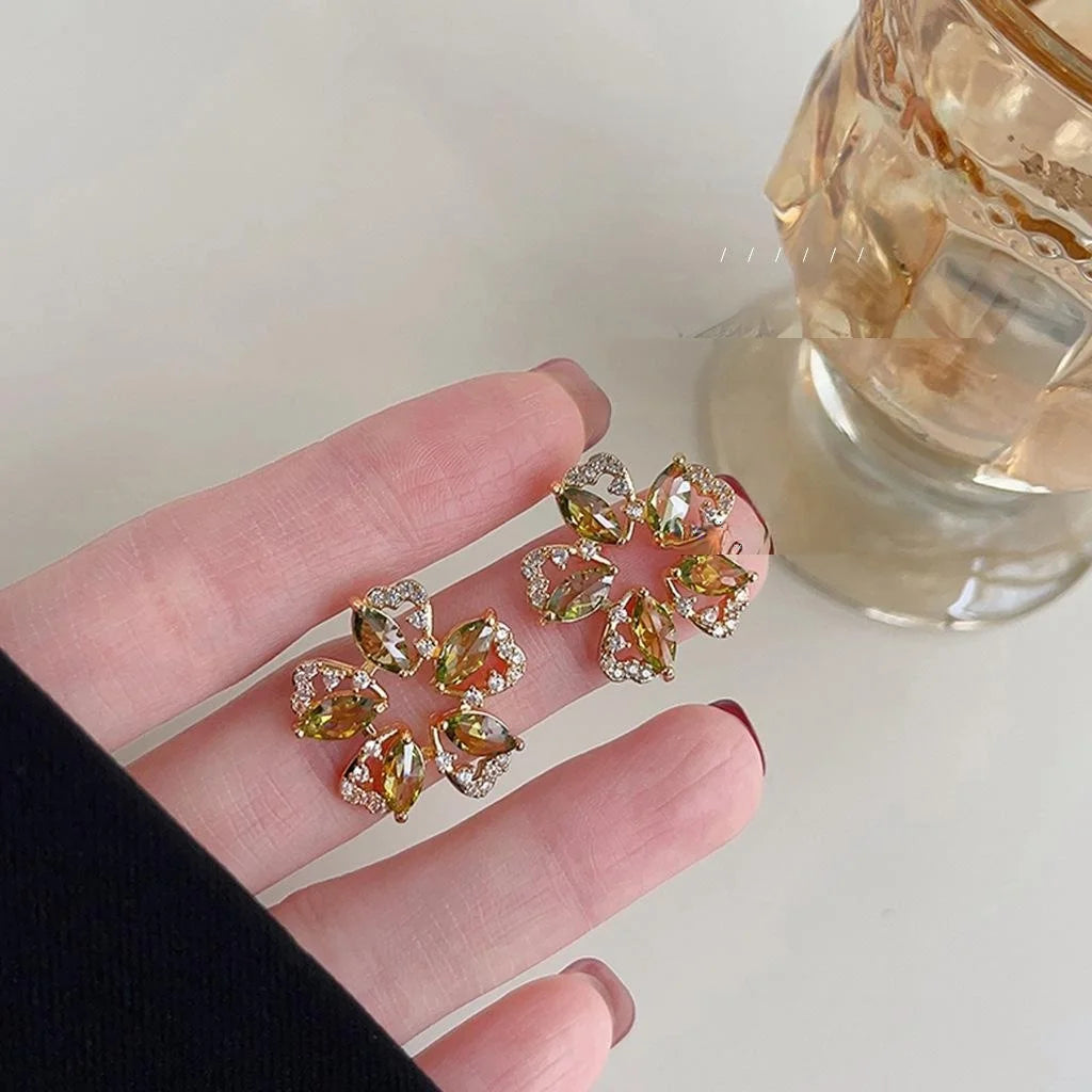 14K Plated Copper Olive Green Zircon Flower Stud Earrings For Women Fashion Jewelry