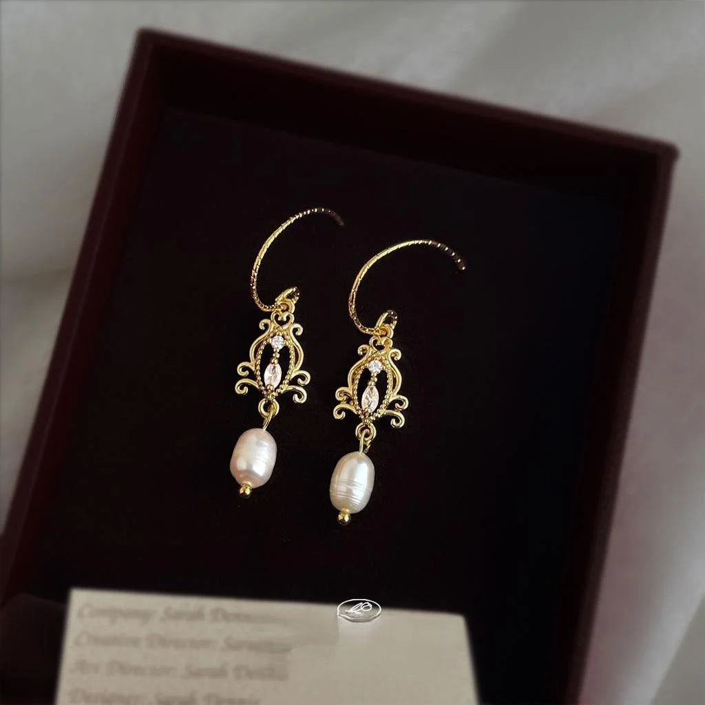 French Vintage Court Style Copper Freshwater Pearl Zircon Hollow Tassel Drop Earrings