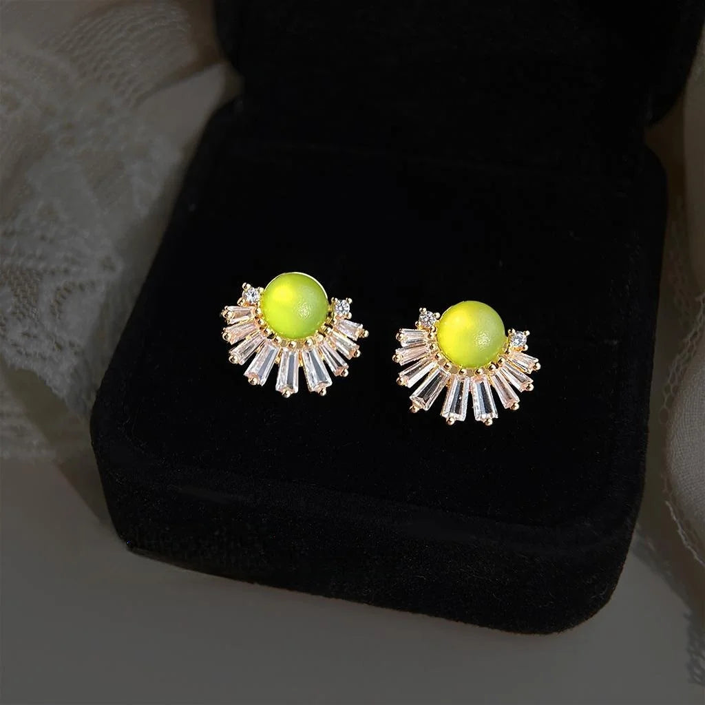 French Vintage 14K Gold Plated Eco Copper Fan Stud Earrings With Micro Pave Zircon Emerald Green Geometric Design