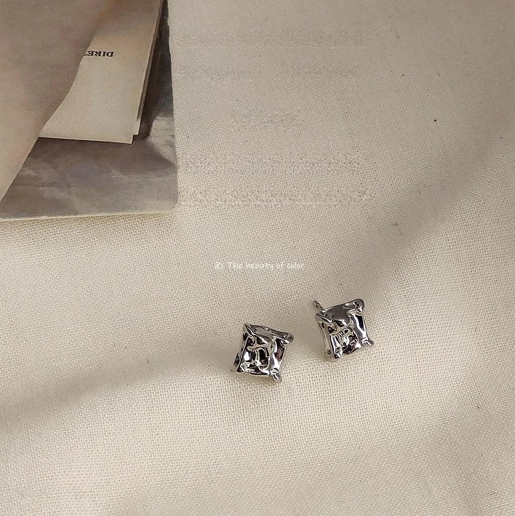 Gold Tone Liquid Irregular Square Copper Stud Earrings For Women, Geometric Korean Fashion