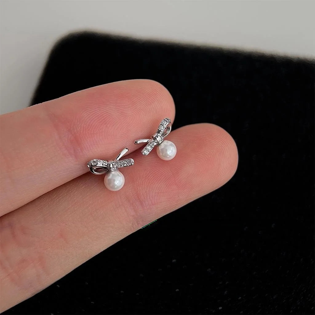 Minimalist Micro Pave Zircon Bow Stud Earrings, Copper Glass Pearl Daily Jewelry