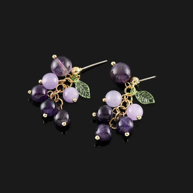 Elegant Purple Grape Cluster Natural Crystal Leaf Stud & Clip On No Piercing Fruit Drop Earrings