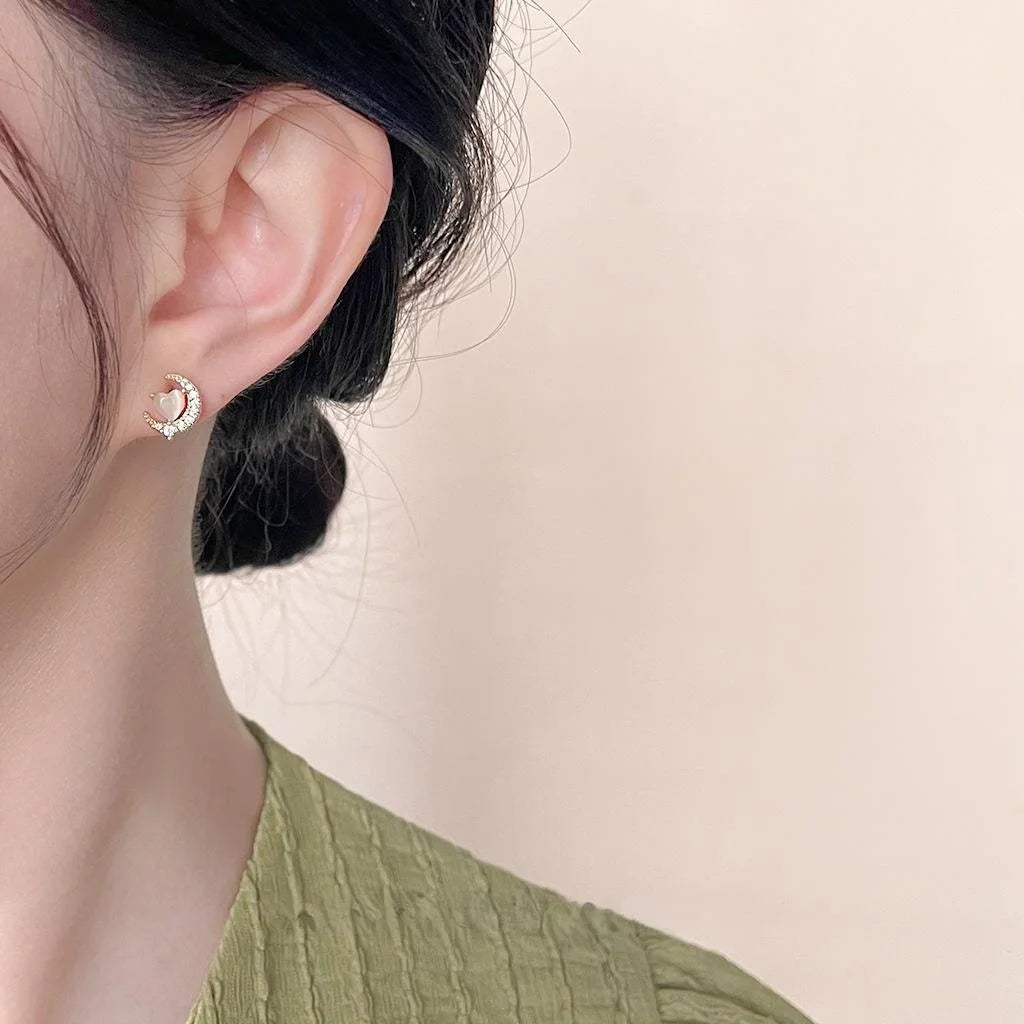14K Gold Plated Copper Moon Stud Earrings With Zircon And Glass Cat Eye Stone Minimalist Cute Jewelry