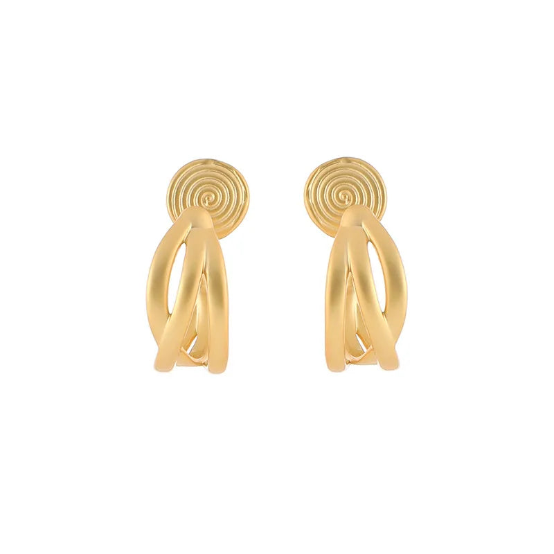 Elegant Matte Gold Alloy Twisted Hoop Stud & Clip On No Piercing Commuter Minimalist Metal Earrings