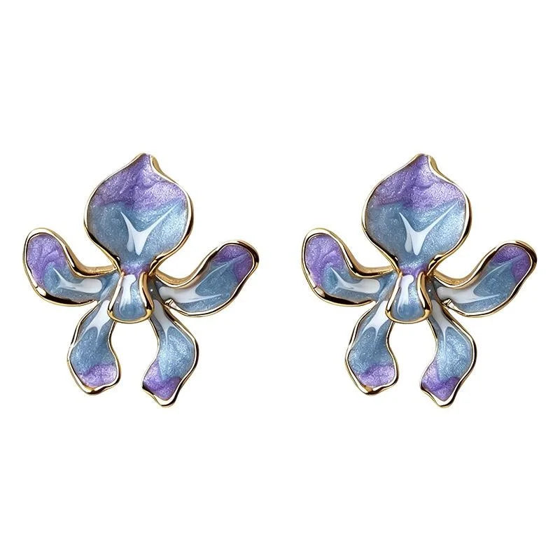Gold Plated Copper Iris Flower Drop Earrings Hand Painted Enamel Gradient Floral Pastoral Jewelry