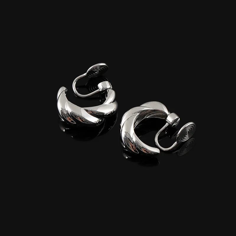 Elegant Alloy Twisted C Shape Hoop Stud & Clip On No Piercing Spiral Disc Commuter Earrings