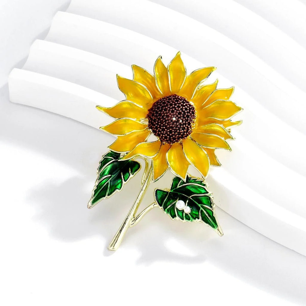 Elegant Enamel Sunflower Brooch With Rhinestone Center, Floral Lapel Pin Corsage Suit Accessory Gift