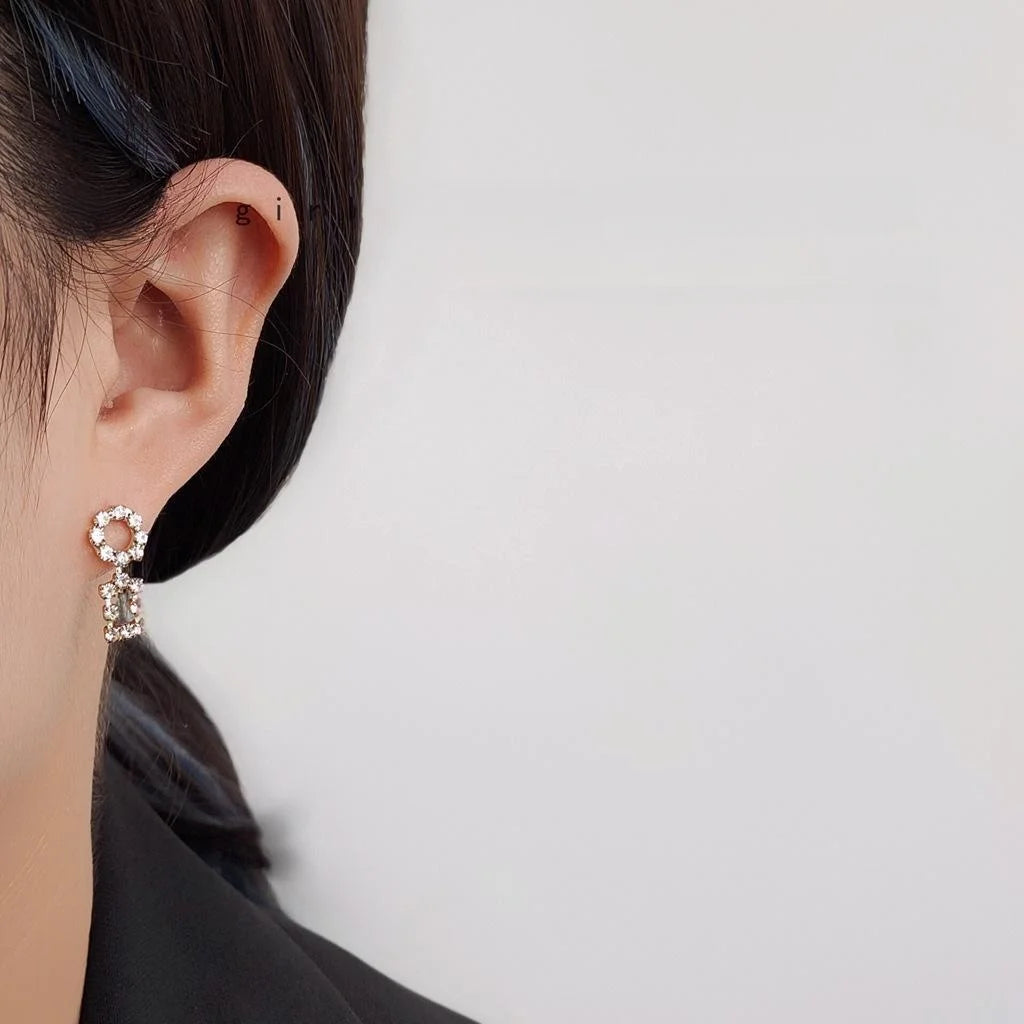 14K Gold Plated Copper Geometric Hollow Square Round Zircon Drop Earrings For Women