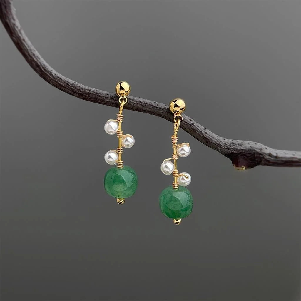 New Chinese Handmade Copper Stud Earrings With Green Jade Pearl Waterdrop Wire Wrapped Geometric Design