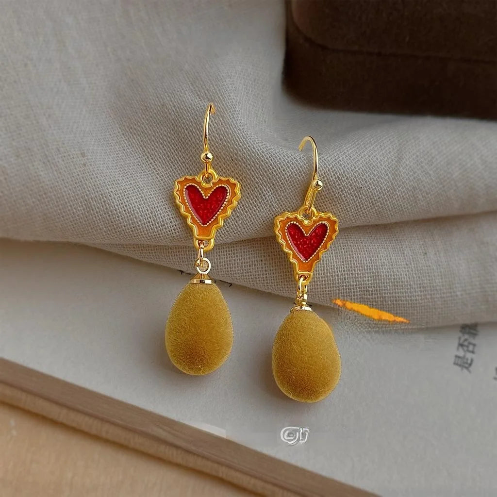 Vintage Maillard Style Copper Enamel Flocked Heart Oval Drop Earrings For Women