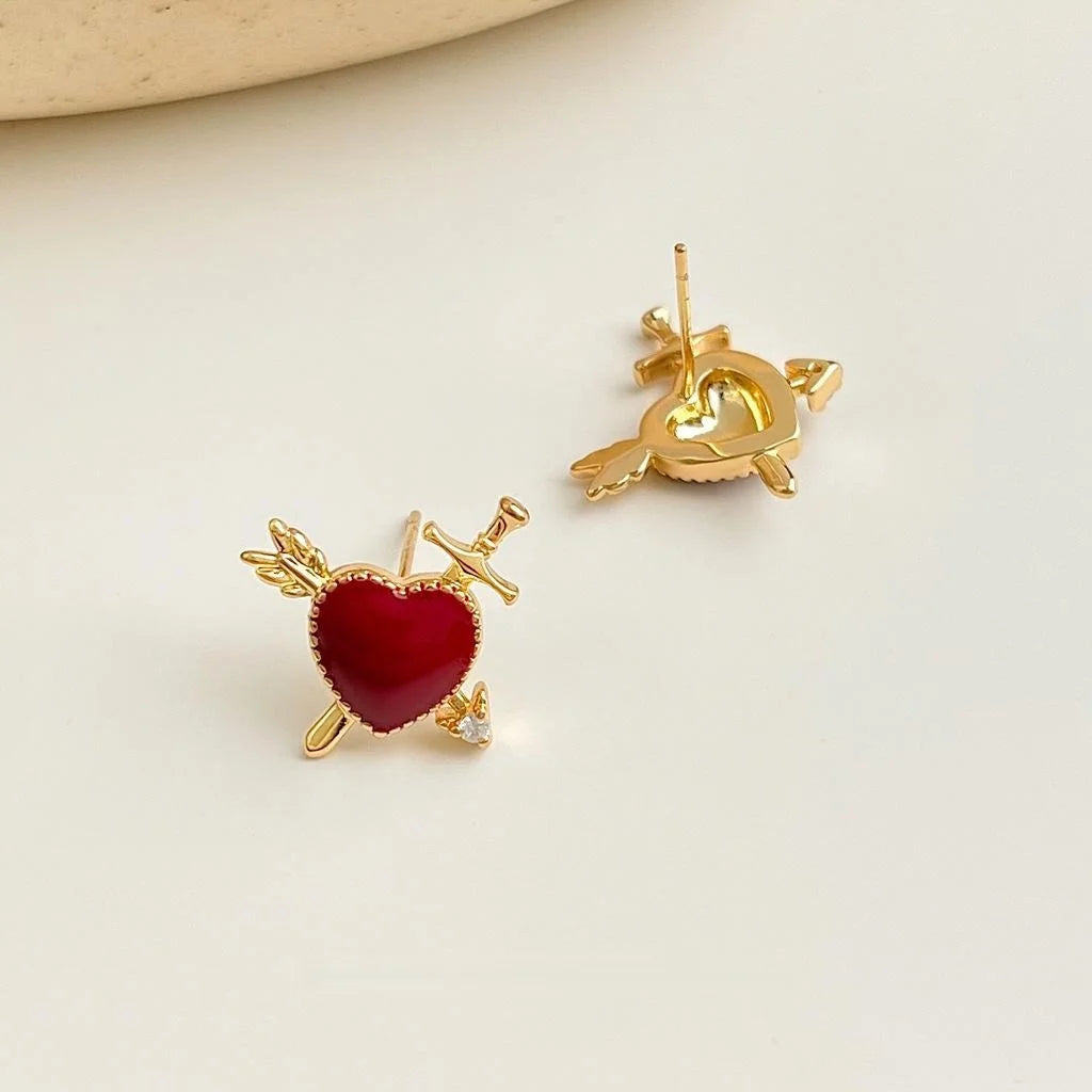 Original Design 18K Gold Plated Copper Heart Arrow Enamel Burgundy Stud Earrings