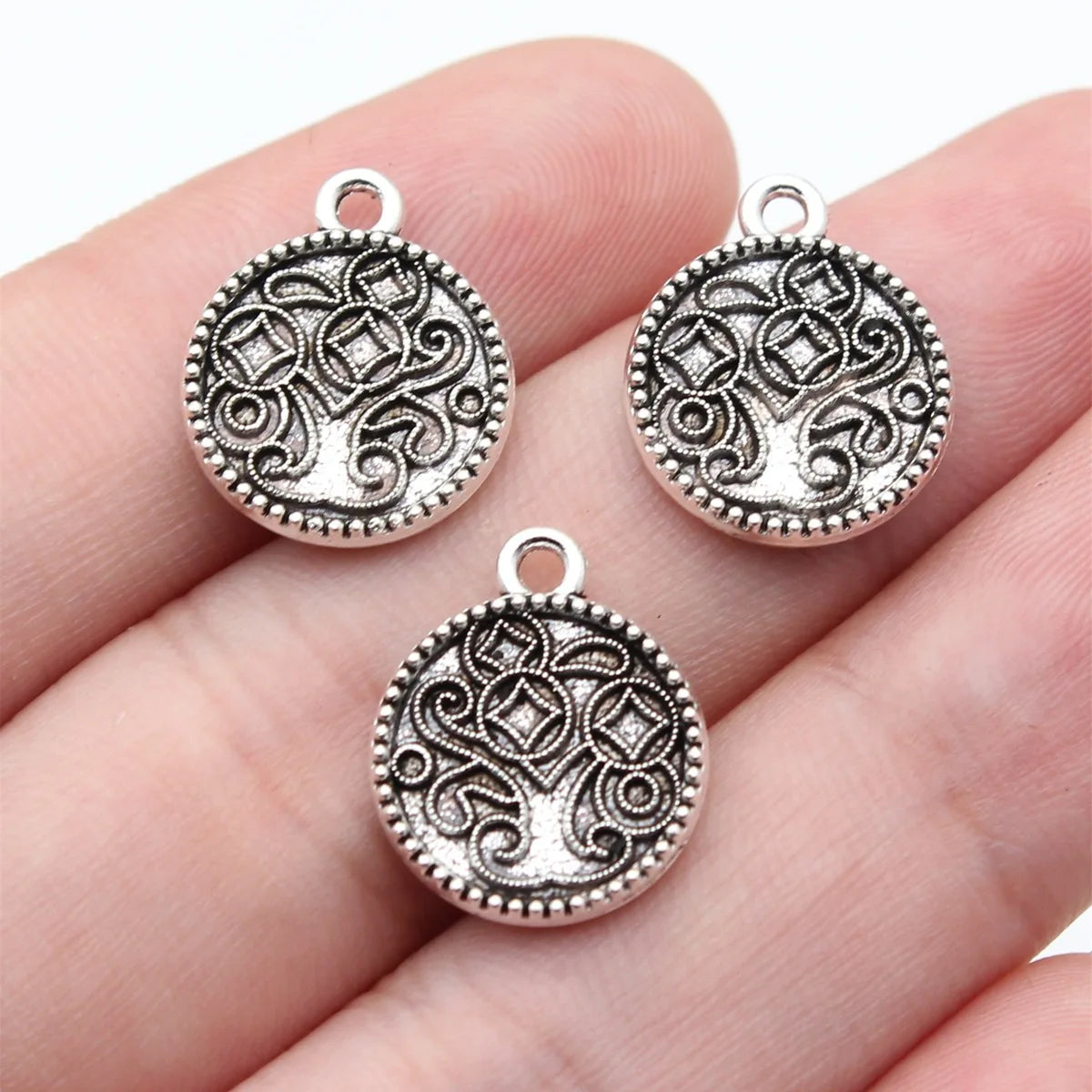 16.2x13.5mm 1g Antique Silver Zinc Alloy Round Double Sided Money Tree charm pendant for DIY jewelry