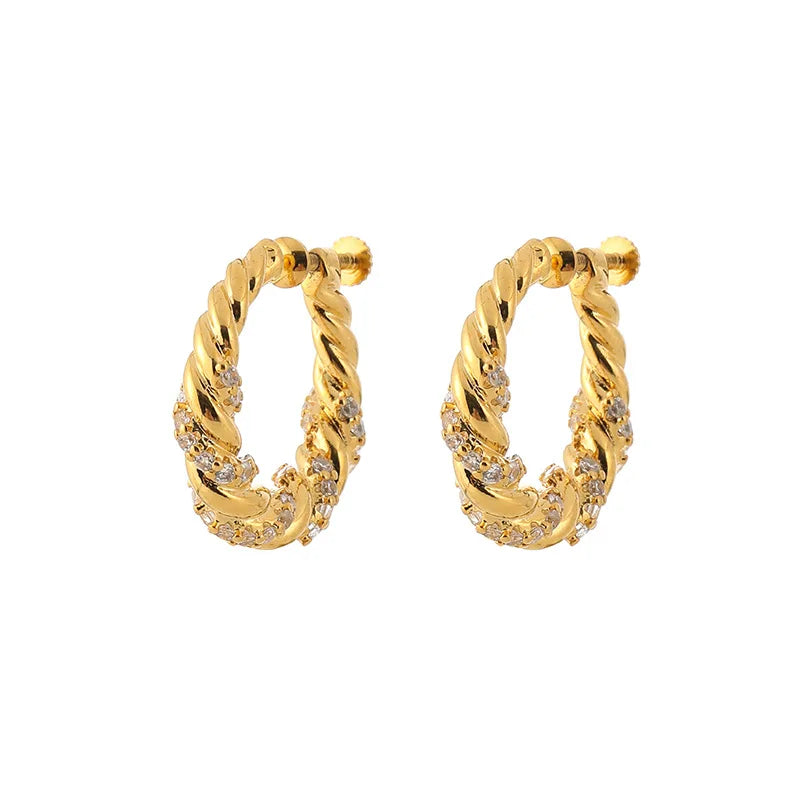 Luxury Gold Tone Twisted Hoop Zircon Alloy Stud & Clip On No Piercing Spiral Huggie Circle Earrings