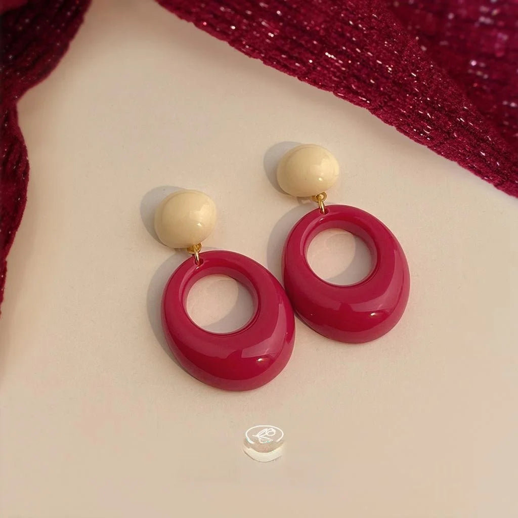 Ethnic Vintage Red Resin Round Oval Geometric Drop Earrings With Copper