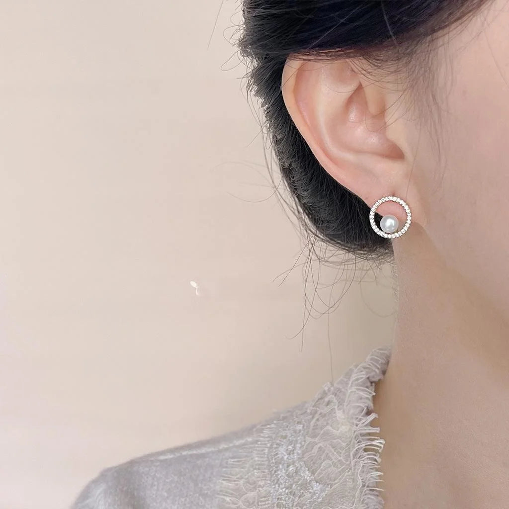 Freshwater Pearl Copper Stud Earrings Micro Pave Zircon Geometric Round Hollow Line Jewelry