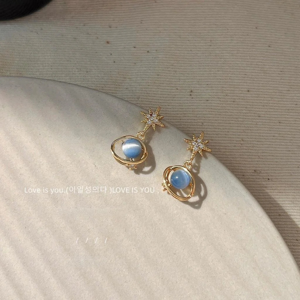 14K Plated Copper Galaxy Star Stud Earrings With Blue Cat Eye Glass And Micro Pave Zircon Style