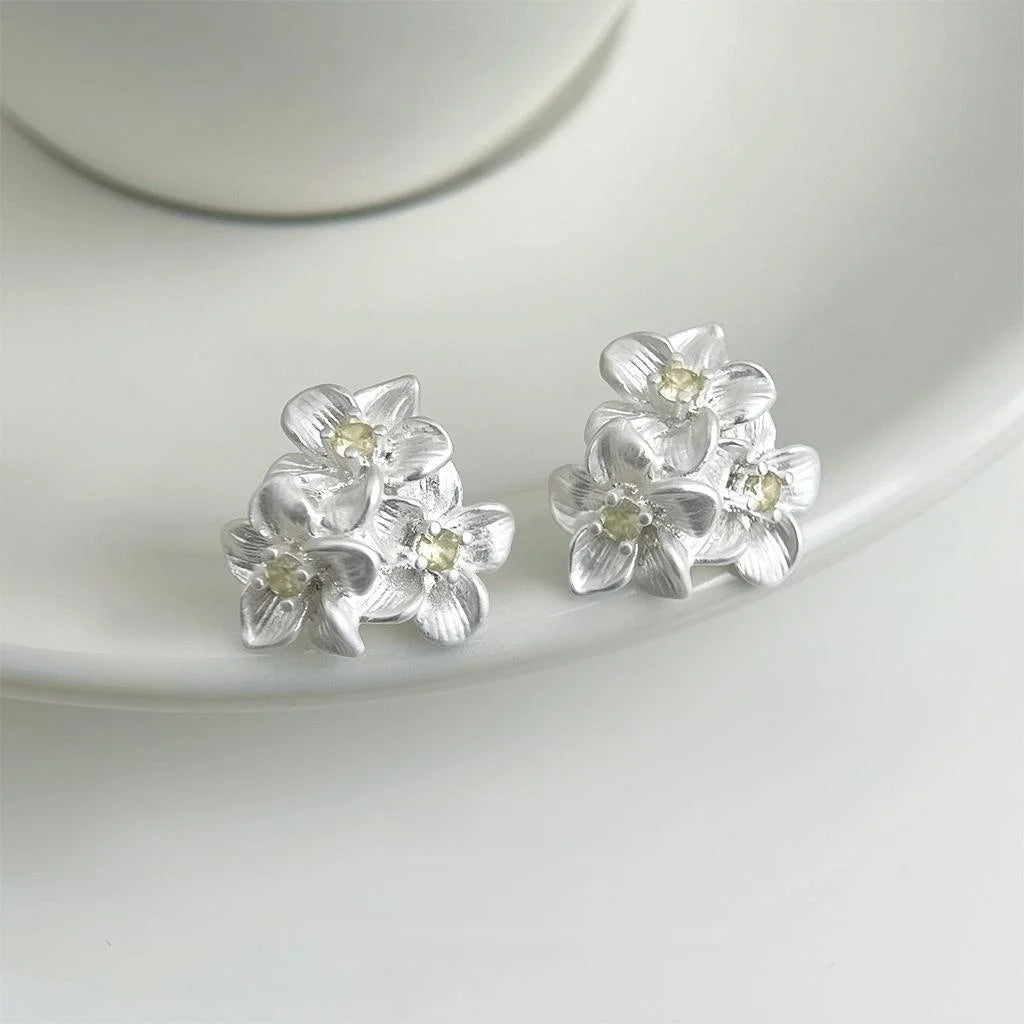 Matte White Jasmine Flower Copper Zircon Stud Earrings Fresh Sweet Minimalist Daily Jewelry