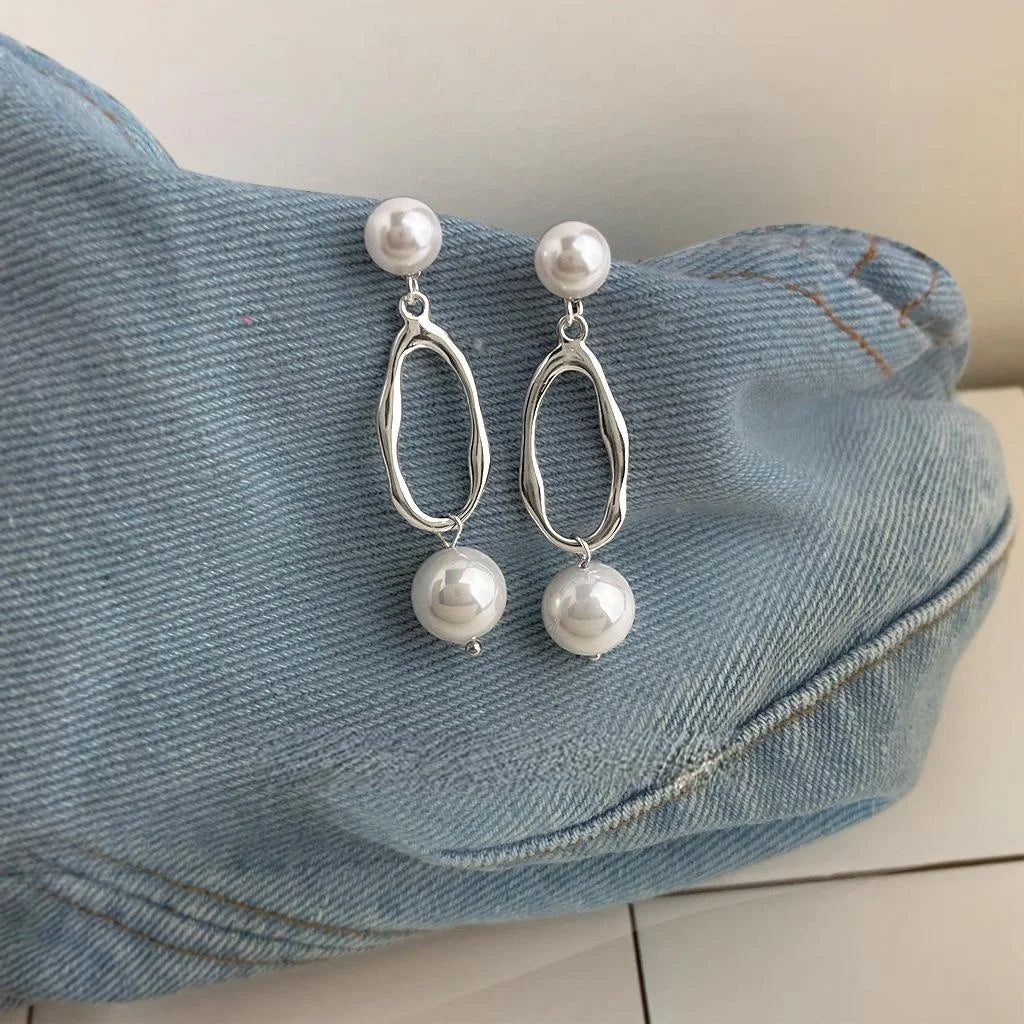 Designer Copper Glass Pearl Tassel Geometric Drop Earrings Minimalist Style For Women