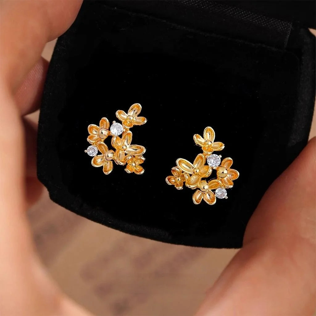 Designer Osmanthus Flower Stud Earrings Copper Zircon Petal Silver Plated Pin Luxury Jewelry