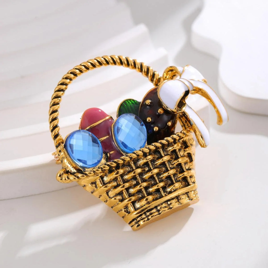 Vintage Flower Basket Brooch With White Enamel Bow And Blue Rhinestones, Cute Alloy Lapel Pin Gift