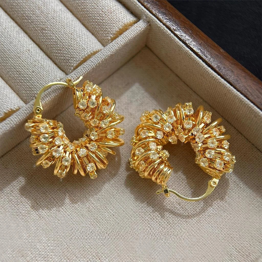 14K Gold Plated Copper Pave Round Geometric Line Drop Earrings for Elegant Office Wear