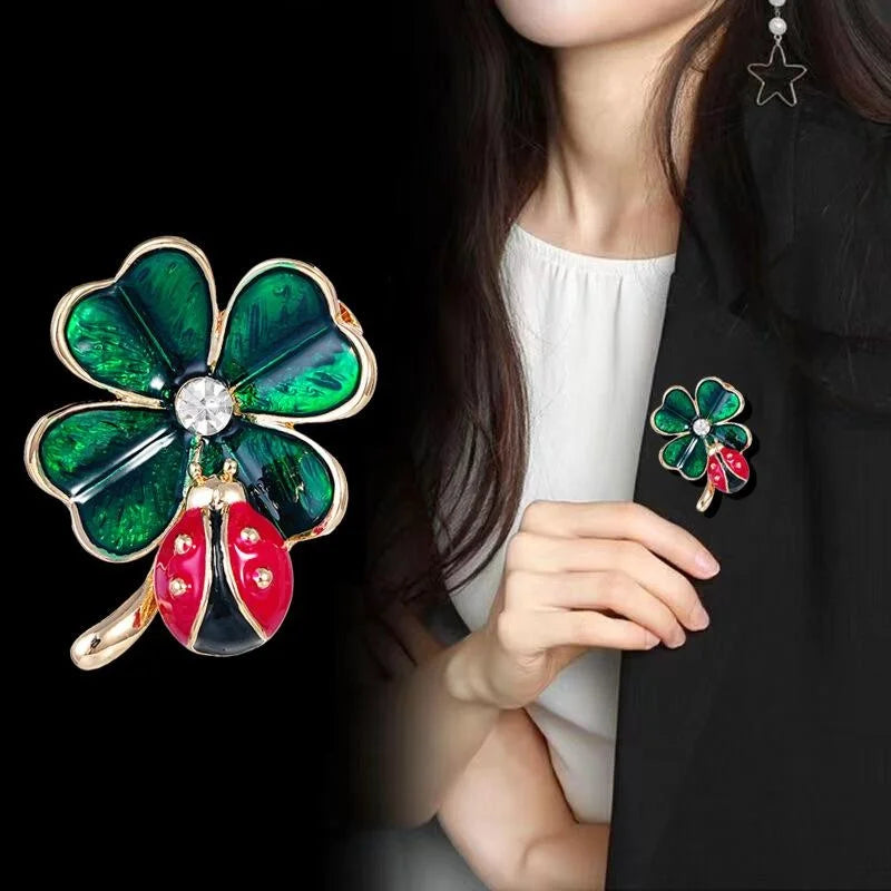 Cute Enamel Ladybug On Four Leaf Clover Brooch With Rhinestone, Lucky Lapel Pin Corsage Gift