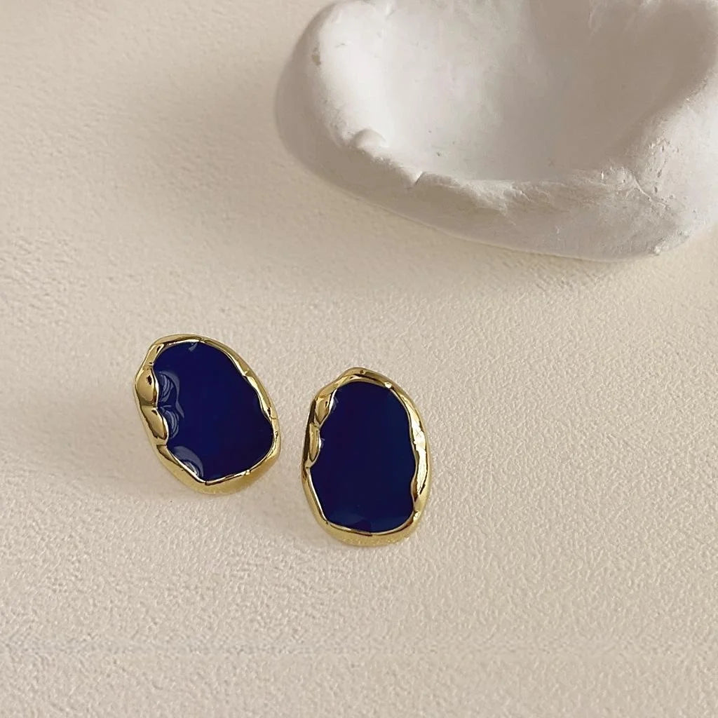 Haze Blue 14K Plated Metal Geometric Oval Enamel Stud Earrings For Women