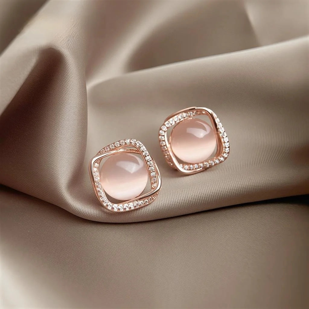 Copper Rose Gold Plated Geometric Square Stud Earrings With Zircon Glass Cat Eye Stone