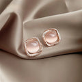 Copper Rose Gold Plated Geometric Square Stud Earrings With Zircon Glass Cat Eye Stone