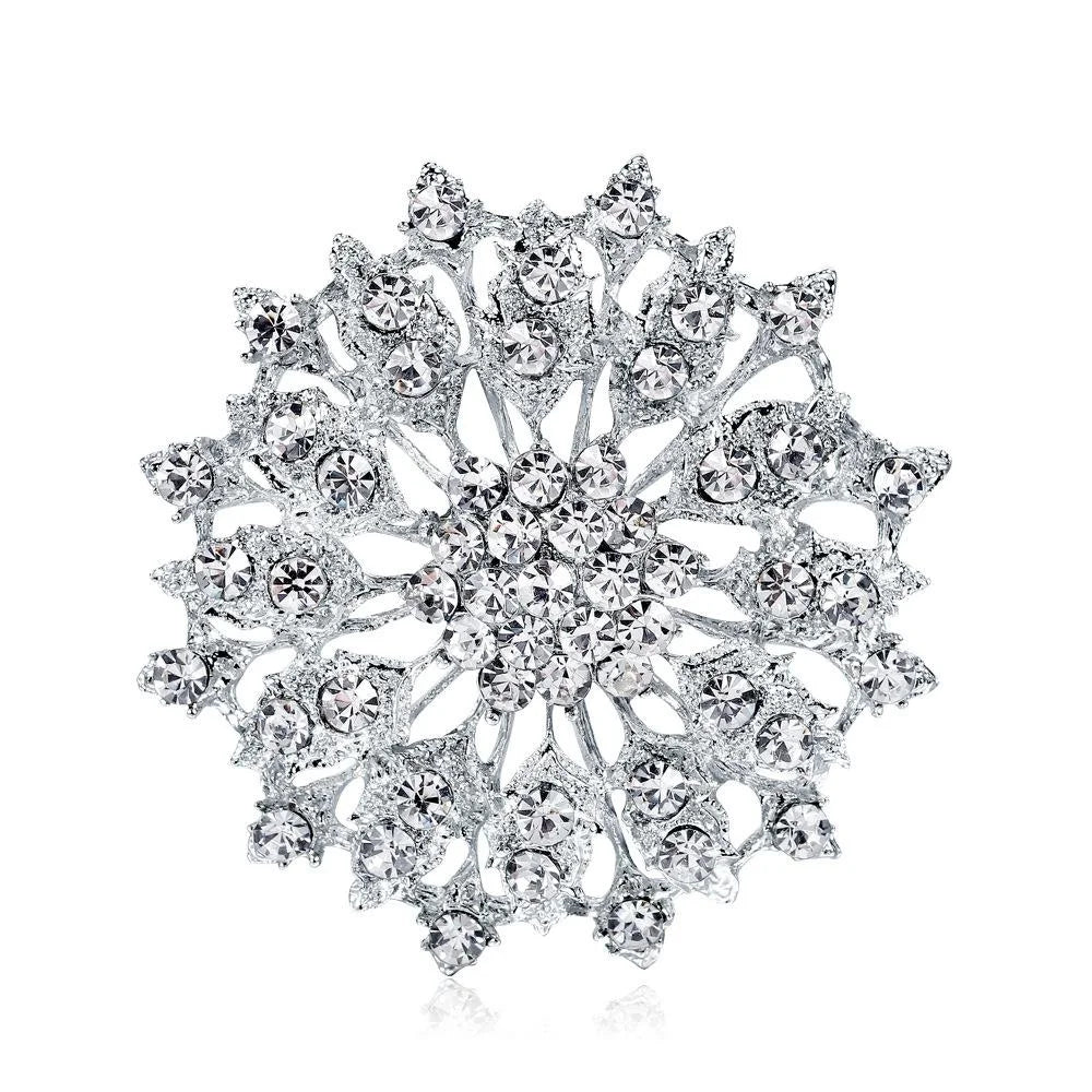 Luxury Silver-Plated Alloy Rhinestone Snowflake Flower Brooch, Elegant Lapel Pin Corsage Suit Accessory Gift