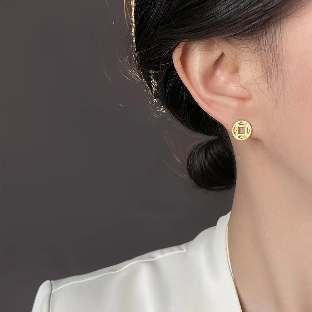 Light Luxury Silver Plated Eco Copper Coin Diamond Geometric Stud Earrings For Women