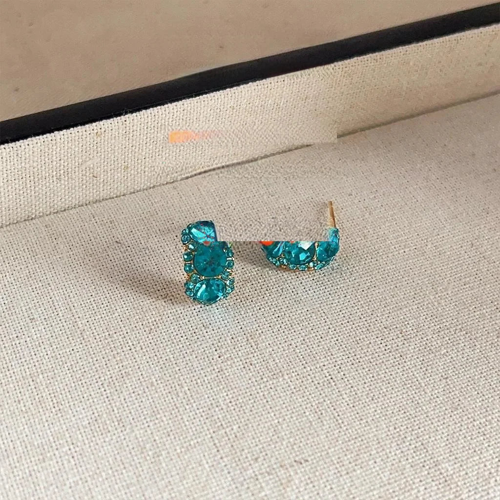 Sweet Cool Semi Curved Green Glass Rhinestone 14K Plated Copper Oval Stud Earrings For Women
