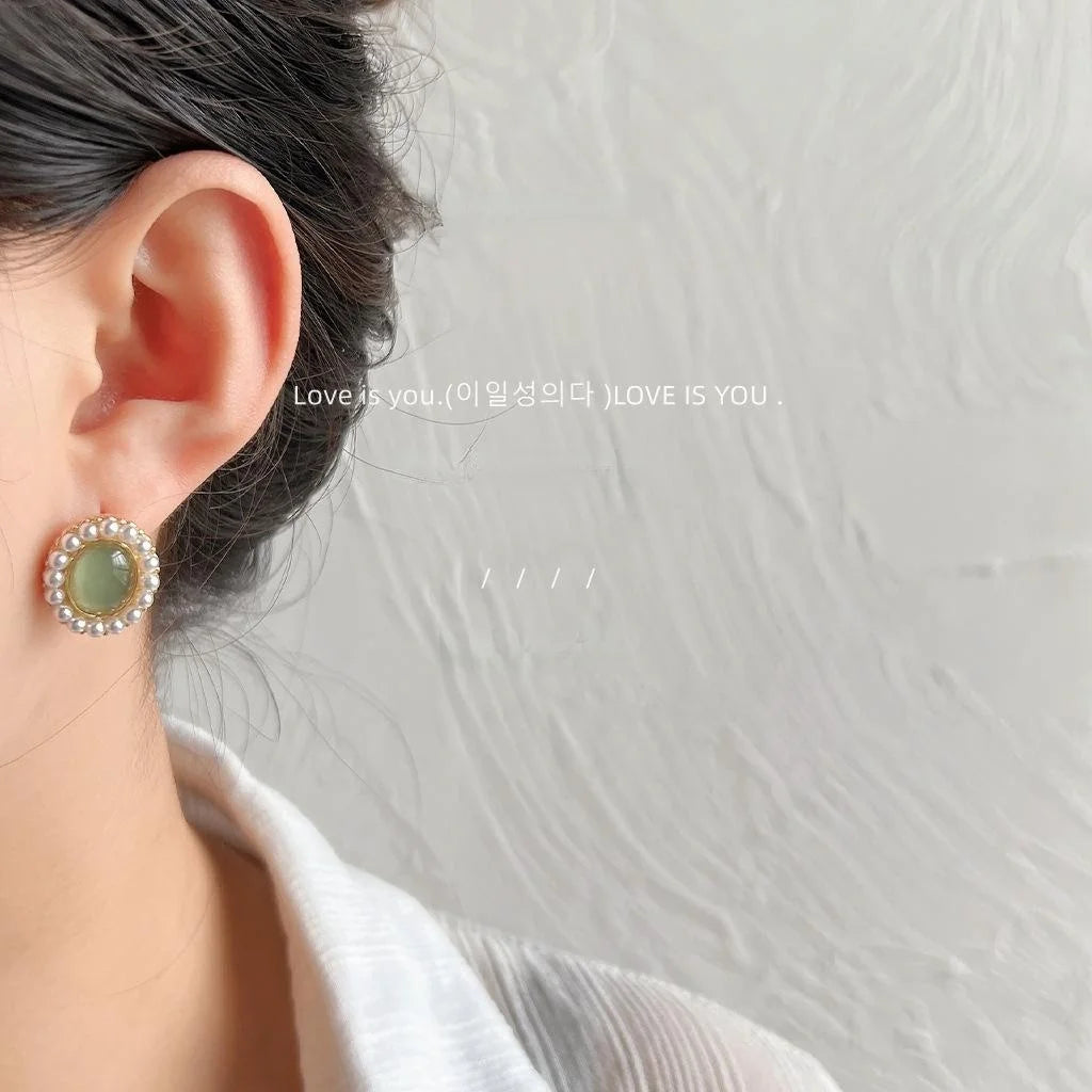 Summer Oval Pearl Stud Earrings 14K Plated Copper Forest Style Jewelry