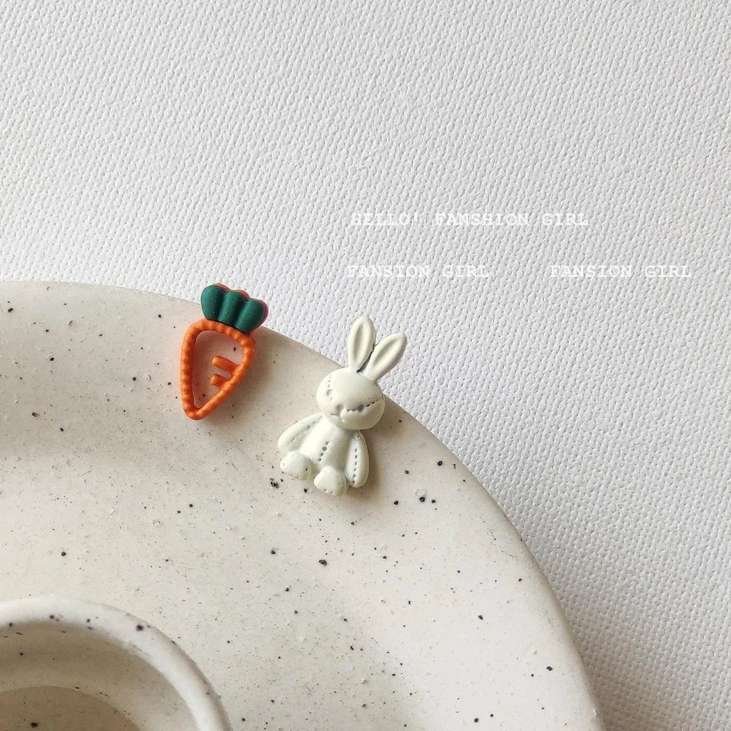 Cute Alloy Enamel Rabbit Carrot Asymmetric Stud Earrings For Women Korean Style