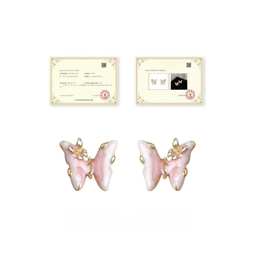 Sweet Pink Gradient Enamel Butterfly Drop Earrings Copper Elegant Original Design