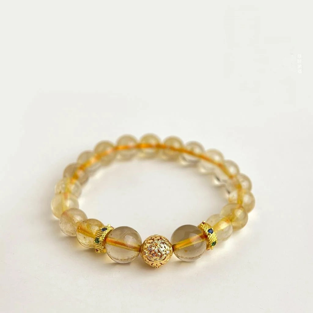 Golden Rutilated Quartz Natural Stone Geometric Round Bead New Chinese Vintage Handmade Bracelet