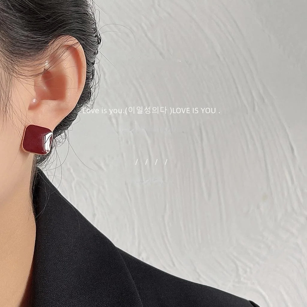 14K Plated Square Burgundy Enamel Stud Earrings Copper Vintage Minimalist