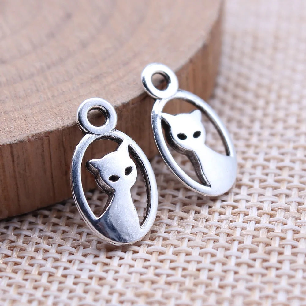 9x16mm 0.7g Antique Silver Tone Zinc Alloy Double Sided Cat Charm Pendant for DIY Jewelry Making