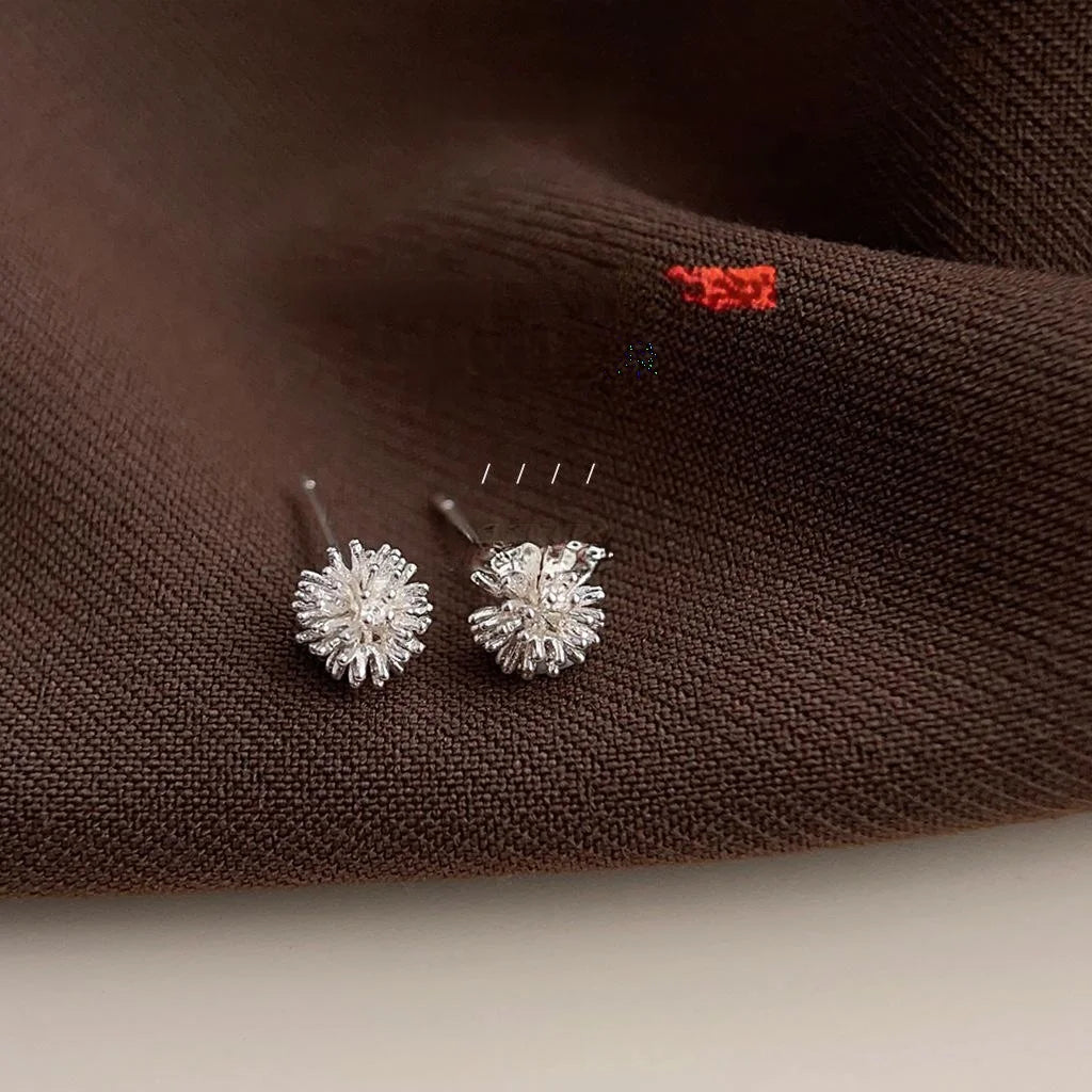 Minimalist Copper Dandelion Stud Earrings, Mini Round Ball Firework Floral Everyday Jewelry