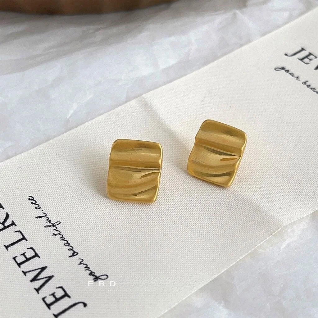 Premium 14K Gold Plated Copper Square Stud Earrings Brushed Geometric Curved Wrinkle Design