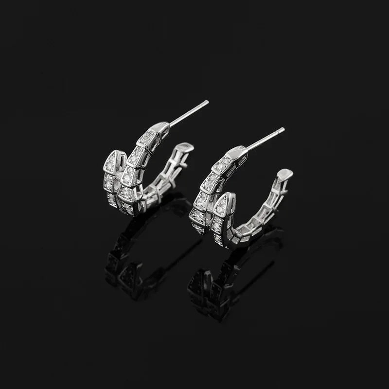 Luxury Snake Shape Spiral Hoop Zircon Stud & Clip On No Piercing Silver Tone Ear Cuff Earrings